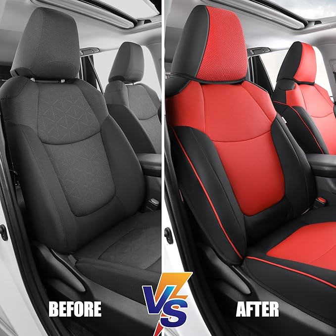 AOOG Leather Car Seat Covers Fit RAV4, Waterproof Faux Leather Seat Covers Custom Fit for Toyota RAV4 2019 2021 2022 2023 LE,XLE,XLE Premium, Limited (Full Set, Black&Red)