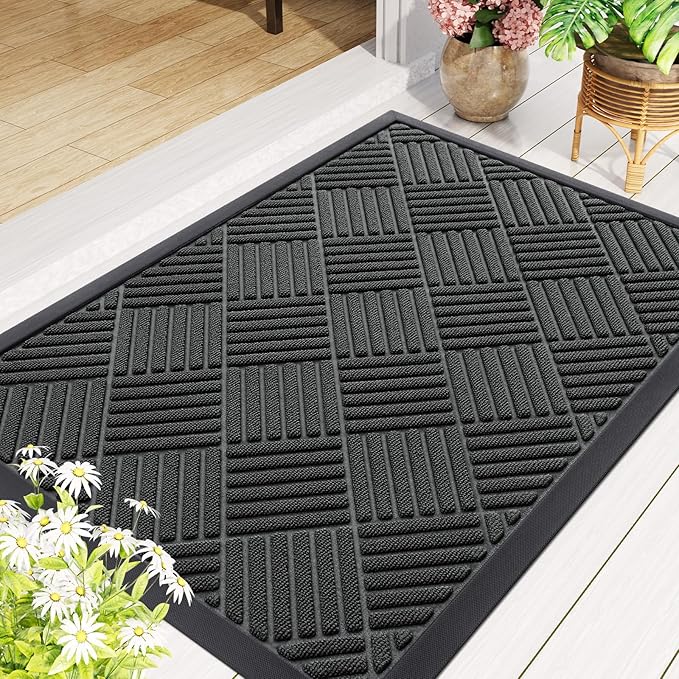 Smiry Front Door Mat Outside Entrance, Heavy Duty Outdoor Indoor Natural Rubber Doormat, Non Slip, Trap Dirt and Moisture, Easy Clean, Low Profile Patio Porch Entryway Mat, 59x35, Black
