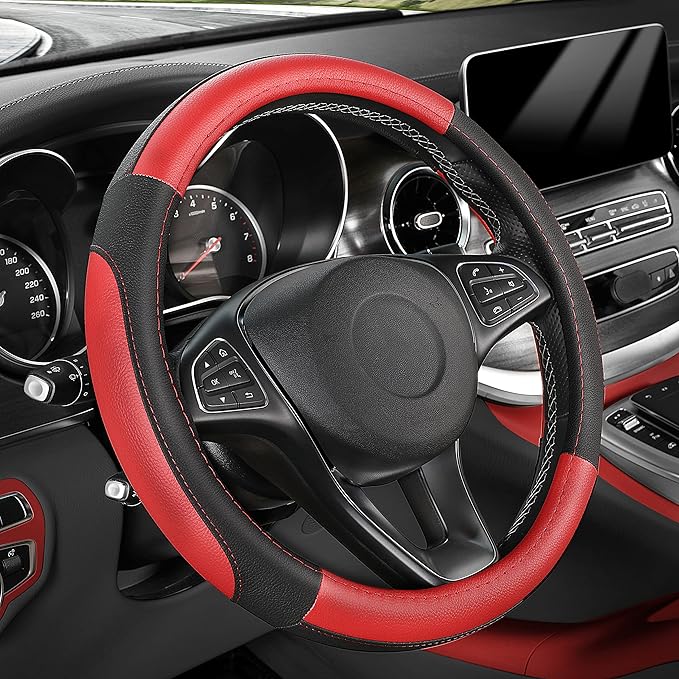SEG Direct Car Steering Wheel Cover Universal Standard Size 14.5-15 inch, Black and Red Microfiber Leather