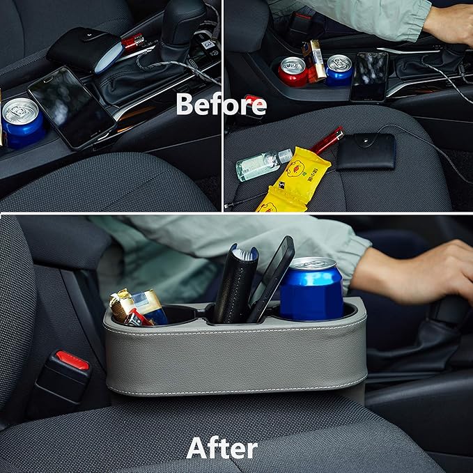 IOKONE Coin Side Pocket Console Side Pocket Leather Cover Car Cup Holder Auto Front Seat Organizer Cell Mobile Phone Holder (Gray)