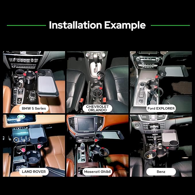 Triple Car Cup Holder Expander Attachable Tray with Adjustable Base and Large Bottles