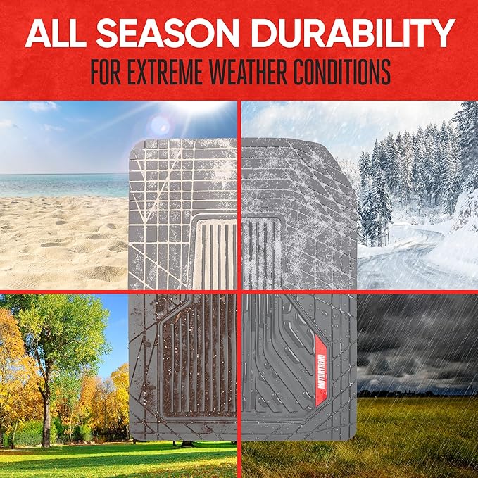 Motor Trend AdventureMax Car Floor Mats Full Set - Durable Rubber Floor Mats for Cars with Debris Capture Grooves, All Weather Interior Protection for Front and Rear with Non-Slip Backing, Gray