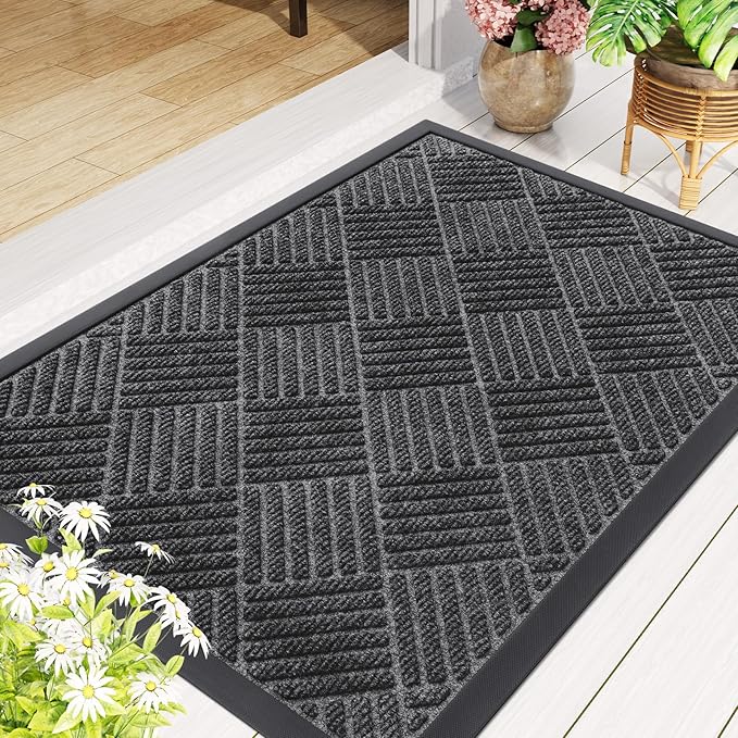 Smiry Front Door Mat Outside Entrance, Heavy Duty Outdoor Indoor Natural Rubber Doormat, Non Slip, Trap Dirt and Moisture, Easy Clean, Low Profile Patio Porch Entryway Mat, 47x32, Light Grey