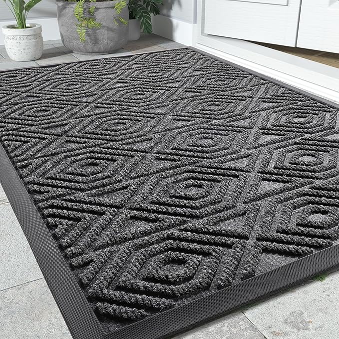 Yimobra Modern Geometric Welcome Doormat, 47 x 32 Inch, Grey, Waterproof, Non Slip, Stain & Fade Resistant, Low Pile, Sturdy Rubber, Easy Clean, Indoor/Outdoor