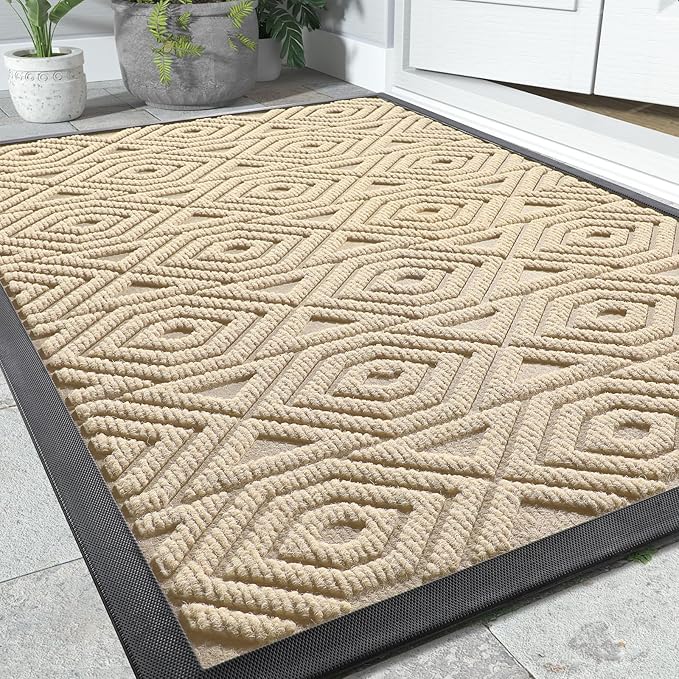Yimobra Door Mat, Outdoor Indoor Entrance Welcome Mat, Heavy Entry Front Door Mat, Stain & Fade Resistant, Low Profile, Sturdy Rubber, Easy Clean Patio Floor Mat, Waterproof, 47 x 32, Light Beige