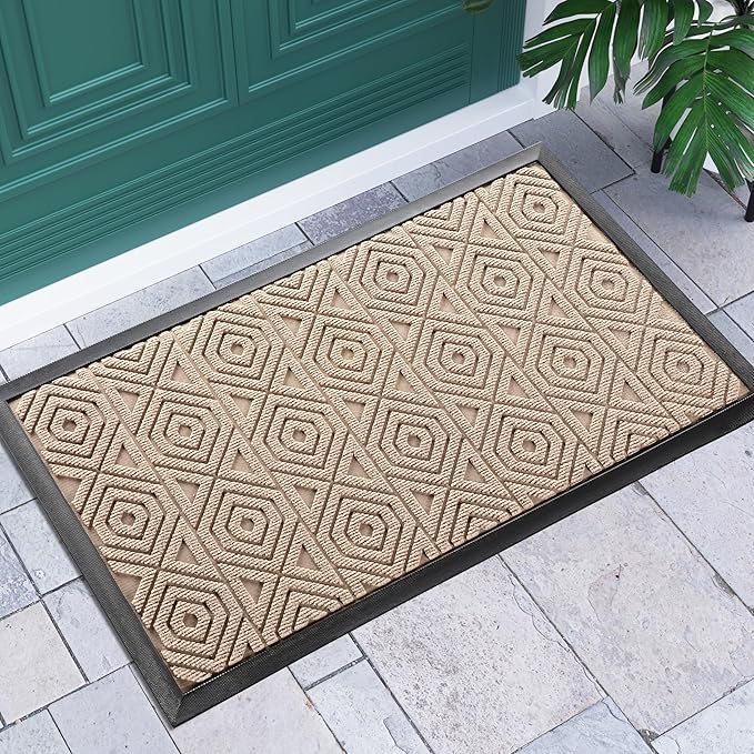 Yimobra Door Mat, Outdoor Indoor Entrance Welcome Mat, Heavy Entry Front Door Mat, Stain & Fade Resistant, Low Profile, Sturdy Rubber, Easy Clean Patio Floor Mat, Waterproof, 29.5 x 17, Light Beige