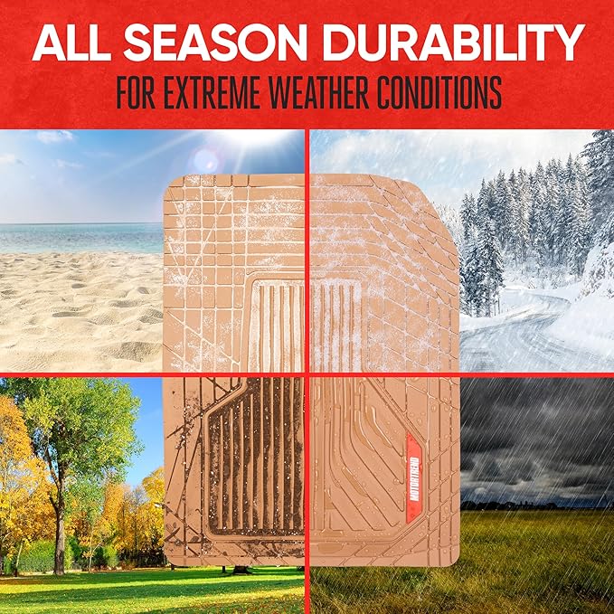 Motor Trend AdventureMax Car Floor Mats Full Set - Durable Rubber Floor Mats for Cars with Debris Capture Grooves, All Weather Interior Protection for Front and Rear with Non-Slip Backing, Beige