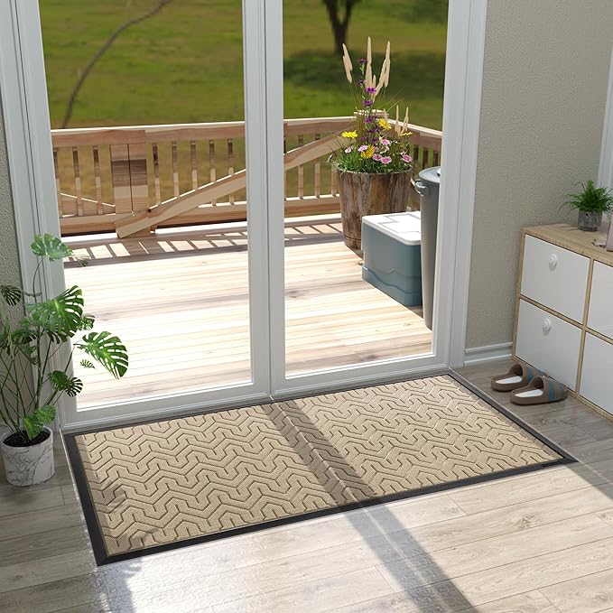 Yimobra Large Door Mat Outside Entrance 47x24, Waterproof Heavy Duty Outdoor Mats for Front Door, Non Slip Rubber Entry Mat for Garage Patio Indoor, Easy Clean, Light Beige