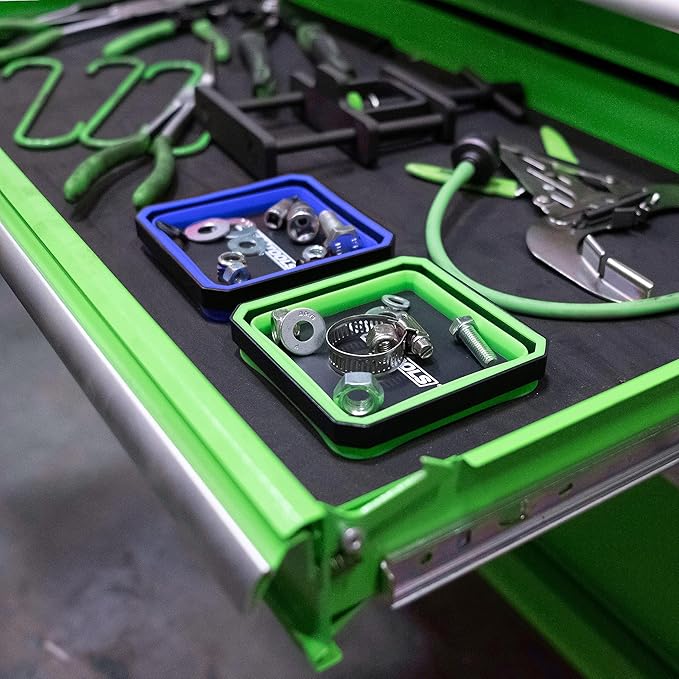 OEMTOOLS 26547 Magnetic Foldable Tray, 2 Pack, Collapsible Tool Organizer Tray Set, Silicone Magnetic Bowls For Holding Nuts And Bolts, Small Parts, DIY Gear, and Supplies, Blue And Green