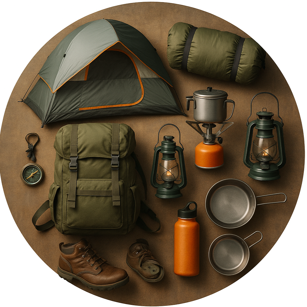 circle photo of camping gear