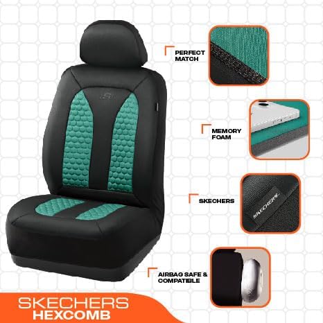 Skechers Memory Foam™ Car Seat Covers, Hexcomb Breathable Thick Seat Covers Two Front Seat Covers, Airbag Compatible, Automotive Comfort & Protection for Most Cars,Van,Trucks, SUVs (Green,Two Front)