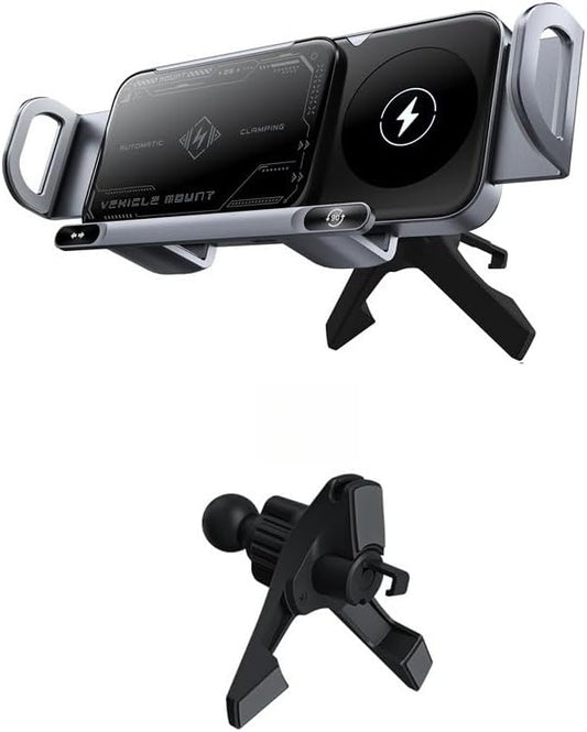 15W Fast Wireless Car Charger Mount with Auto Rotation, Hands-Free Phone Holder for Dashboard, Compatible with Most Phones (Grey,Inverted Base)