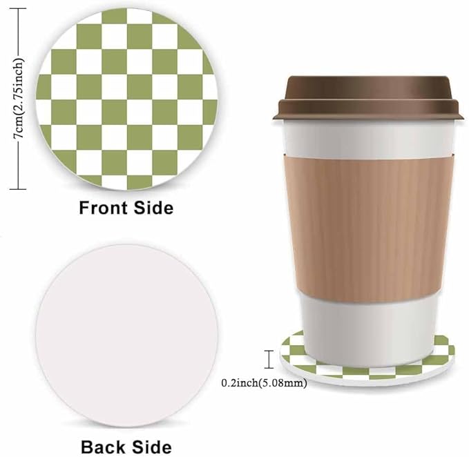 Green and White Checkered Fuzzy Steering Wheel Cover for Women, Universal Auto Steering Wheel 14-15 Inch Soft Warm Car Interior Accessories with 2PCS Car Coasters, Suitable for Men and Women