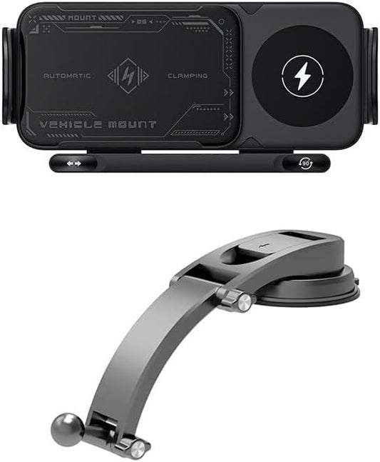 15W Fast Wireless Car Charger Mount with Auto Rotation, Hands-Free Phone Holder for Dashboard, Compatible with Most Phones (Grey,Suction Cup)