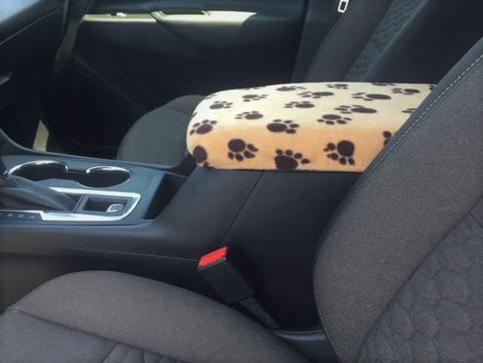 Auto Console Covers- Fits The Chevy Equinox 2018-2024 Center Console Armrest Cover Fleece Fabric (Tan with Brown Paws)