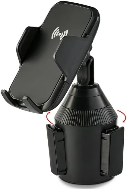 ONN Cup-Holder Phone Mount, Car Phone Stand with Wireless Charger, Compatible with Qi-Enabled Phones, Overcharge, Voltage, Current, Heat, and Short-Circuit Protection, Includes USB Charging Cable