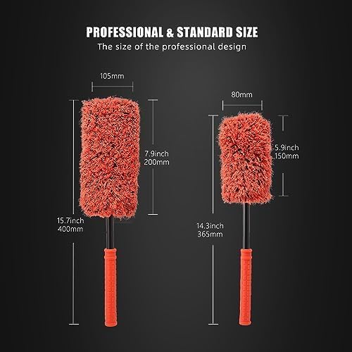 SPTA Car Wheel Brush Set, 2Pcs Microfibre Rim Brush with Extra 2 Large and 2 Small Interchangeable Microfiber Covers, Rim Cleaner Brush for Wheel Cleaning, Wheel Cleaning Brush for All Wheel Types