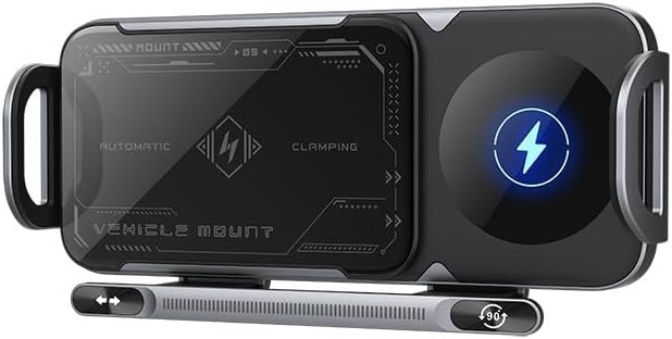 15W Fast Wireless Car Charger Mount with Auto Rotation, Hands-Free Phone Holder for Dashboard, Compatible with Most Phones (Gray,Base + Suction Cup)