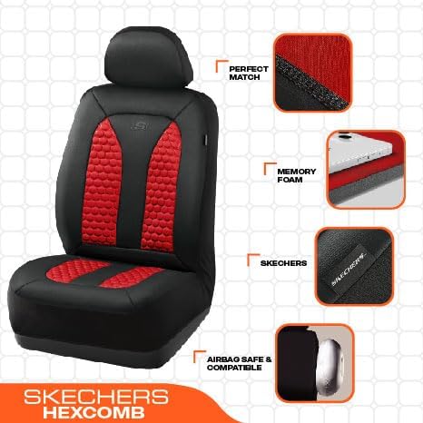 Skechers Memory Foam™ Car Seat Covers, Hexcomb Breathable Thick Seat Covers Two Front Seat Covers, Airbag Compatible, Automotive Comfort & Protection for Most Cars,Van,Trucks, SUVs (Red)