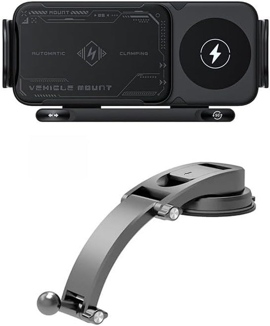 15W Fast Wireless Car Charger Mount with Auto Rotation, Hands-Free Phone Holder for Dashboard, Compatible with Most Phones (Gray,Suction Cup)