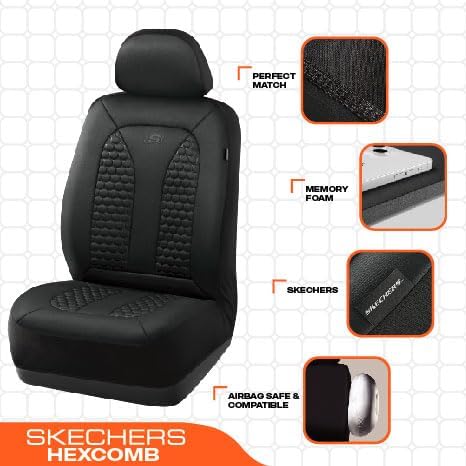 Skechers Memory Foam™ Car Seat Covers, Hexcomb Breathable Thick Seat Covers Black Two Front Seat Covers, Airbag Compatible, Automotive Comfort & Protection for Most Cars,Van,Trucks, SUVs (Black)