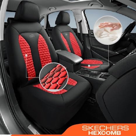 Skechers Memory Foam™ Car Seat Covers, Hexcomb Breathable Thick Seat Covers Two Front Seat Covers, Airbag Compatible, Automotive Comfort & Protection for Most Cars,Van,Trucks, SUVs (Red)