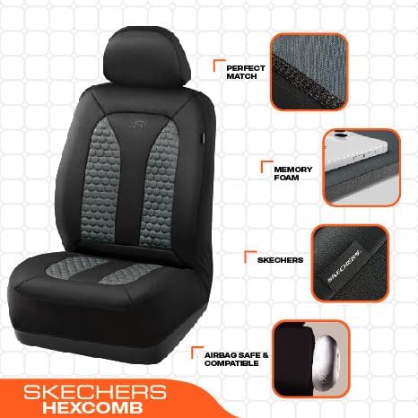 Skechers Memory Foam™ Car Seat Covers, Hexcomb Breathable Thick Seat Covers Two Front Seat Covers, Airbag Compatible, Automotive Comfort & Protection for Most Cars,Van,Trucks, SUVs (Grey)