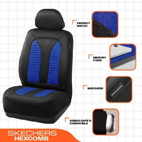 Skechers Memory Foam™ Car Seat Covers, Hexcomb Breathable Thick Seat Covers Two Front Seat Covers, Airbag Compatible, Automotive Comfort & Protection for Most Cars,Van,Trucks, SUVs (Blue,Two Front)