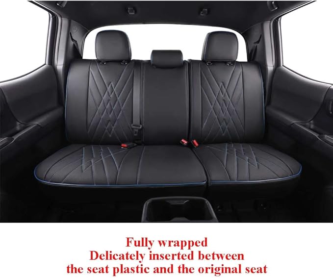 EKR Custom Fit Tacoma Rear Car Seat Covers for Select Toyota Tacoma 2016 2017 2018 2019 2020 2021 2022 2023 Double Cab/Crew Cab - Second Row Only,Leather (Black with Blue Trim)