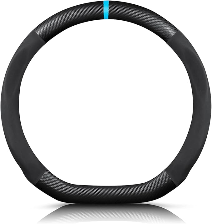 Ergocar D-Shaped Carbon Fiber & Microfiber PU Leather Steering Wheel Cover Anti-Slip Car Steering Wheel Protector Breathable Sweat Absorbent Sport for Diameter 38cm（15"）-Black Blue
