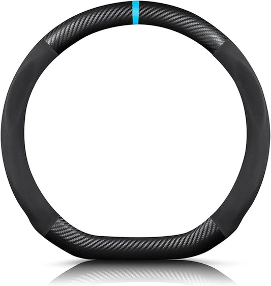 Ergocar D-Shaped Carbon Fiber & Microfiber PU Leather Steering Wheel Cover Anti-Slip Car Steering Wheel Protector Breathable Sweat Absorbent Sport for Diameter 38cm（15"）-Black Blue