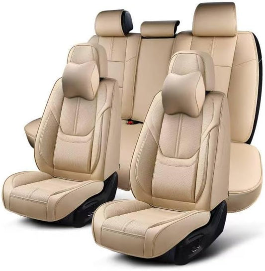 Auto Car Seat Covers Accessories Full Set Leather Cushion Protector Breathable Waterproof Seat Cover for Cars Universal Fit (Beige, Front Pair and Rear)