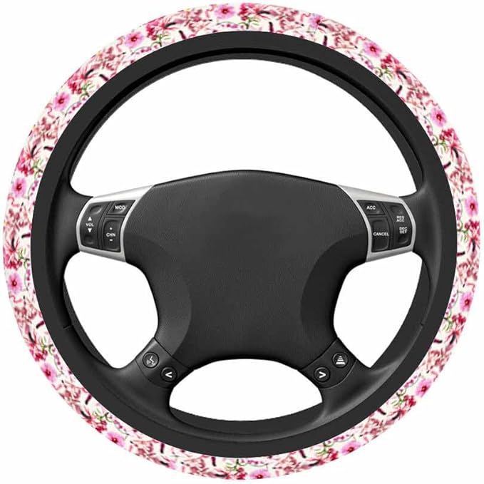 Pink Roses Elastic Steering Wheel Cover Many Kinds of Blooming Tropical Flowers Steering Wheel Cover Anti Slip Protective Case Universal Stretch Steering Protector