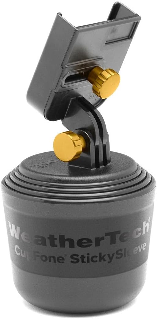 WeatherTech CupFone, Universal Cup Holder Phone Mount for Cars – Adjustable & Secure Fit with Open Access for Charging – Compatible with iPhone, Android - Metal Knobs, Gold