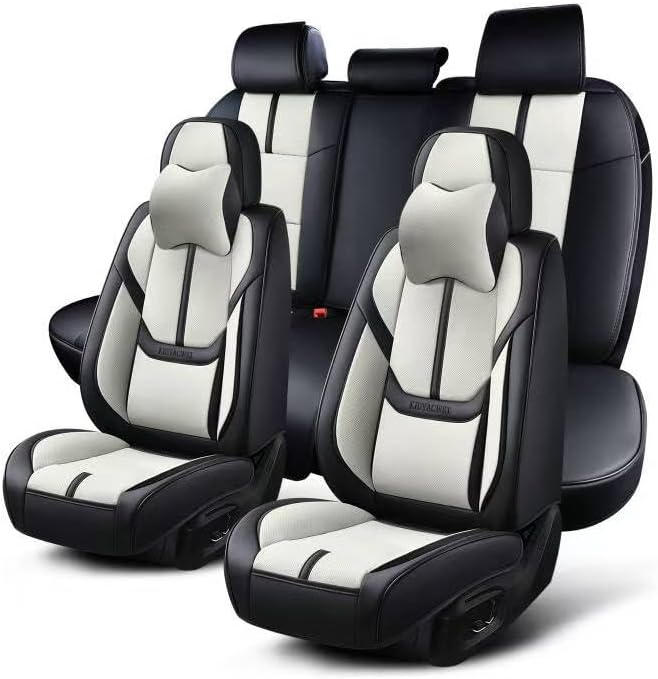 Auto Car Seat Covers Accessories Full Set Leather Cushion Protector Breathable Waterproof Seat Cover for Cars Universal Fit (Black&White, Front Pair and Rear)