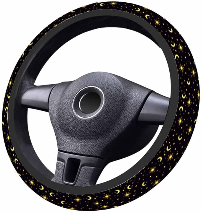 Sun Stars and Moon Elastic Steering Wheel Cover Night Sky on Black Background Steering Wheel Cover Anti Slip Protective Case Universal Stretch Steering Protector