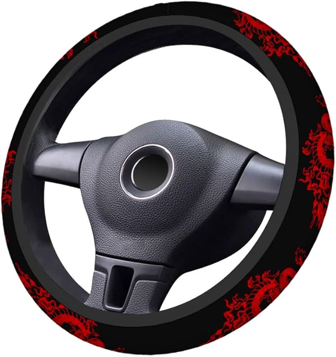 Swono Dragon Red Universal Neoprene Steering Wheel Cover Abstract Chinese Dragon Red Black 15 Inch Steering Wheel Covers,Printed Steering Wheel Elastic Protection for Women and Girls