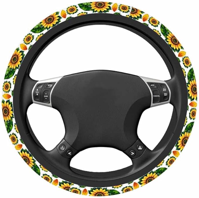 Watercolor Sunflower with Yellow Petals and Green Leaves Steering Wheel Cover Steering Wheel Cover Women Men Anti-Slip Breathable Steering Wheel Protector Car Accessories
