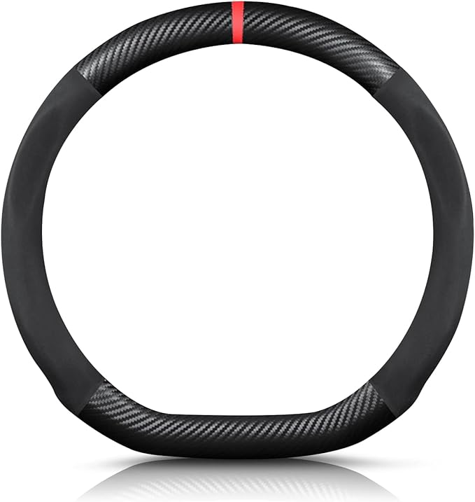 Ergocar D-Shaped Carbon Fiber & Microfiber PU Leather Steering Wheel Cover Anti-Slip Car Steering Wheel Protector Breathable Sweat Absorbent Sport for Diameter 38cm（15"）-Black Red