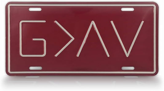 God is Greater Than The Highs and Lows License Plate, Embossed 6X12 Metal Auto Tag, G>^V (Red)