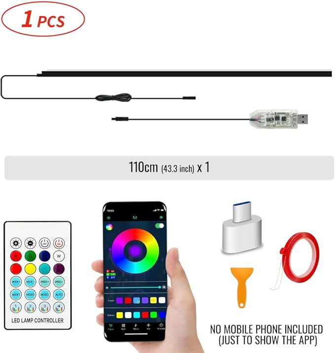 Ambient Lighting Car Led Lights Interior,43.3’’ USB Powered Acrylic Neon Flexible Strip Fiber Optic LED Ambient Lighting Kits with Remote APP, RGB Music Lights Sync for Inside car Decorations