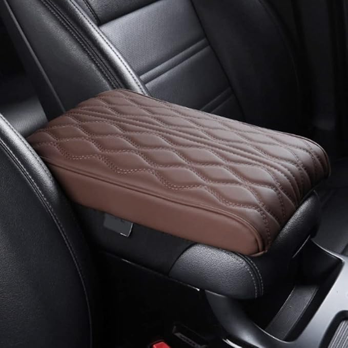 soputry Leather Car Armrest Box Pad, 2023 New Car Center Console Cover Pad Leather Auto Armrest Cover, Universal Arm Rest Cushion Pads for SUV/Truck/Vehicle (Brown, Wave Pattern)