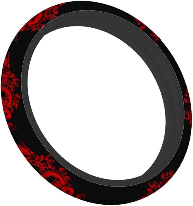 Swono Dragon Red Universal Neoprene Steering Wheel Cover Abstract Chinese Dragon Red Black 15 Inch Steering Wheel Covers,Printed Steering Wheel Elastic Protection for Women and Girls