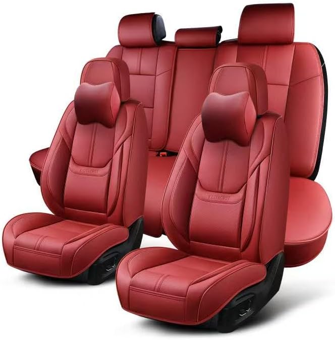 Auto Car Seat Covers Accessories Full Set Leather Cushion Protector Breathable Waterproof Seat Cover for Cars Universal Fit (Wine, Front Pair and Rear)