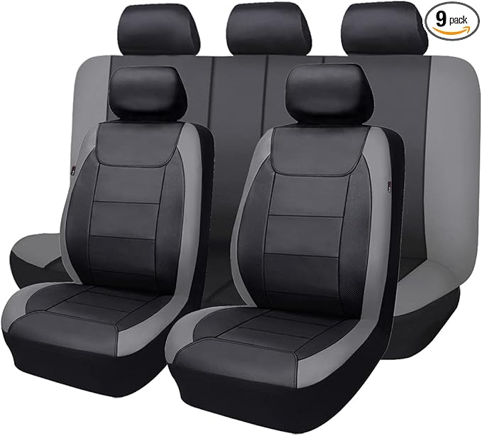 Flying Banner car seat Covers Protects Water Proof Faux Leather Carbon Fiber Front and Rear Bench (Gray Black, Full Set - 9PCS)