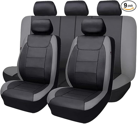 Flying Banner car seat Covers Protects Water Proof Faux Leather Carbon Fiber Front and Rear Bench (Gray Black, Full Set - 9PCS)