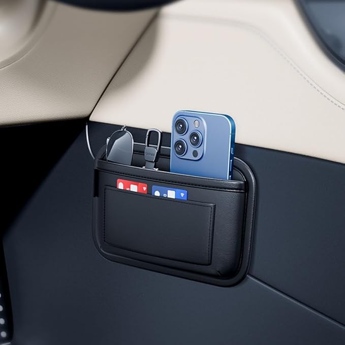 Tumecos Car Storage Bag, Leather Small Debris Organizer ,Hanging Cell Phone Mobile Paste Type Bag for Stowing Tidy, Universal Accessories（BlackA-1pcs）