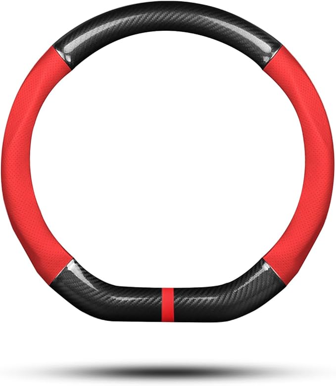 Ergocar Car Steering Wheel Cover Non-Slip Car Steering Wheel Protector Sport D-Shape Carbon Fiber & PU Leather Universal for Diameter 38cm(15") (Black-red-Stripe-B)