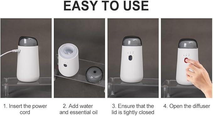 Waterless Diffuser for Essential Oil, Rechargeable Mini Aromatherapy Diffuser for Home & Car, Portable Cordless Design, Fits Car Cup Holder, 3 Mist Levels, 2-Hour Timer, Type-C Charging