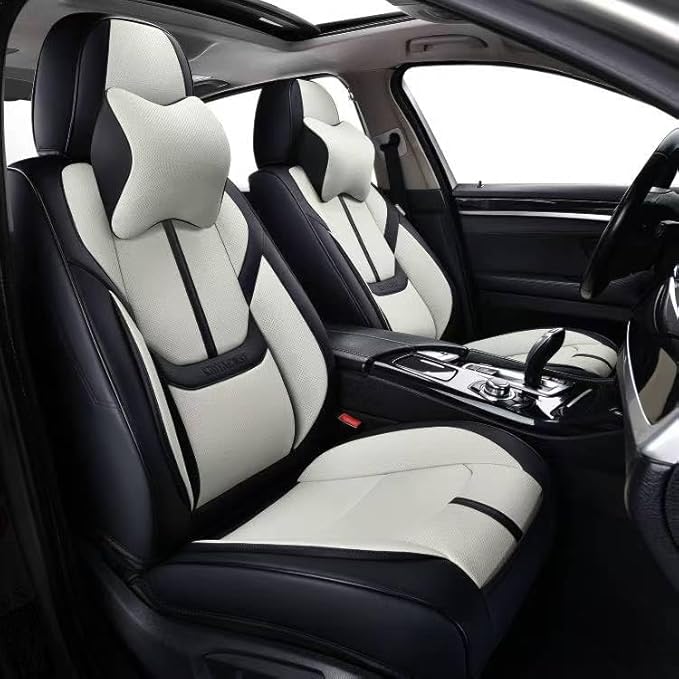 Auto Car Seat Covers Accessories Front Seat Leather Cushion Protector Breathable Waterproof Seat Cover for Cars Universal Fit (Black&White, Front Pair)